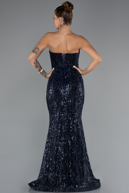 Long Navy Blue Beaded Evening Dress ABU5345