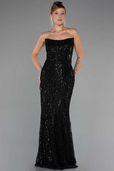 Long Black Beaded Plus Size Evening Dress ABU5337