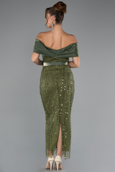 Midi Olive Drab Beaded Party Dress ABK2453
