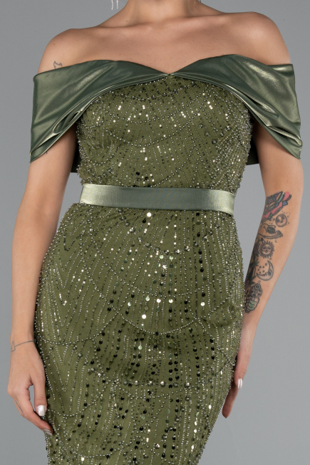 Midi Olive Drab Beaded Party Dress ABK2453