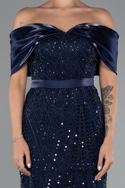 Midi Navy Blue Beaded Party Dress ABK2453