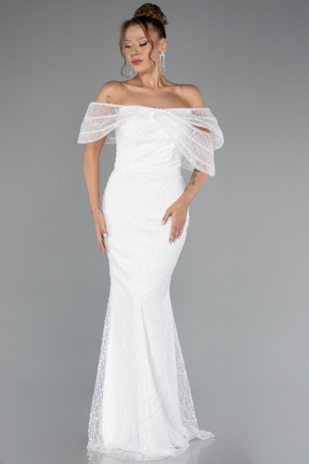Long White Beaded Evening Dress ABU5371