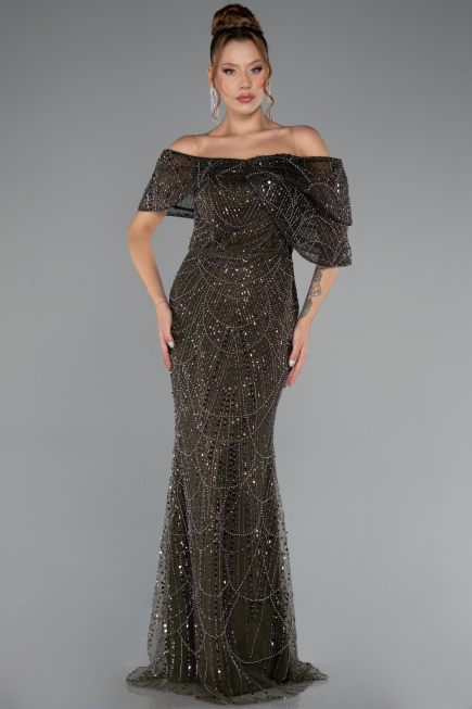 Long Olive Drab Beaded Evening Dress ABU5371
