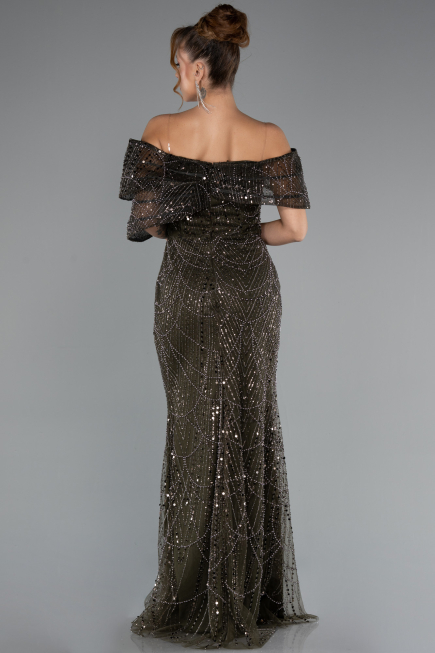 Long Olive Drab Beaded Evening Dress ABU5371