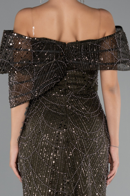 Long Olive Drab Beaded Evening Dress ABU5371