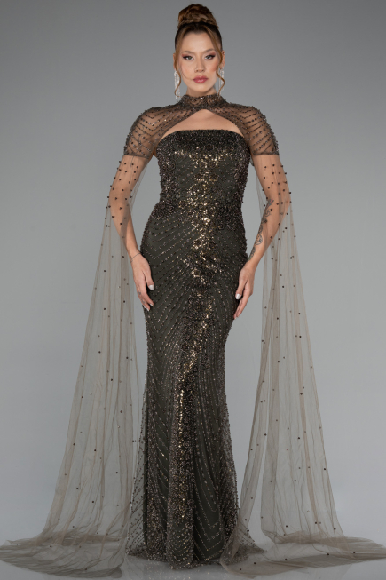 Long Olive Drab Beaded Evening Dress ABU5363