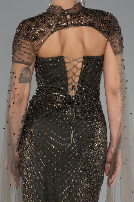 Long Olive Drab Beaded Evening Dress ABU5363