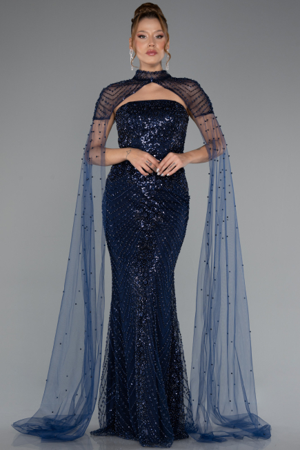 Long Navy Blue Beaded Evening Dress ABU5363