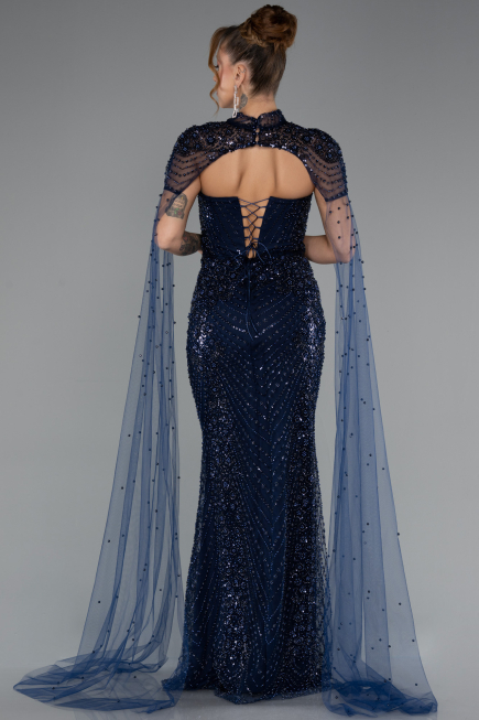 Long Navy Blue Beaded Evening Dress ABU5363