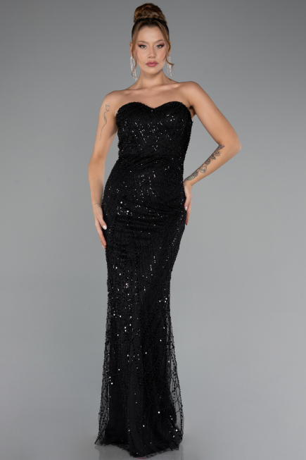 Black Strapless Shawl Stoned Long Evening Gown ABU4517