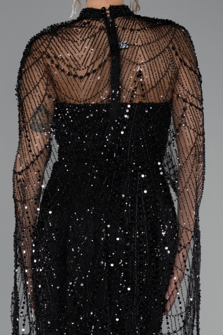 Black Strapless Shawl Stoned Long Evening Gown ABU4517