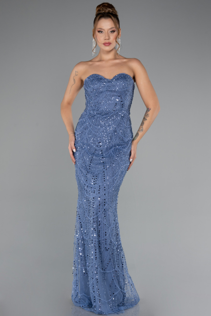 Blue Strapless Shawl Stoned Long Evening Gown ABU4517