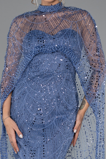 Blue Strapless Shawl Stoned Long Evening Gown ABU4517