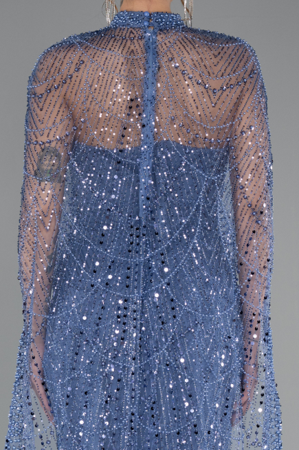 Blue Strapless Shawl Stoned Long Evening Gown ABU4517