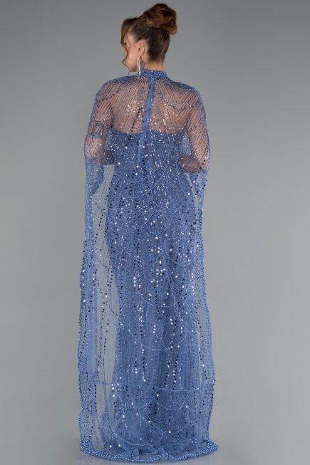 Blue Strapless Shawl Stoned Long Evening Gown ABU4517