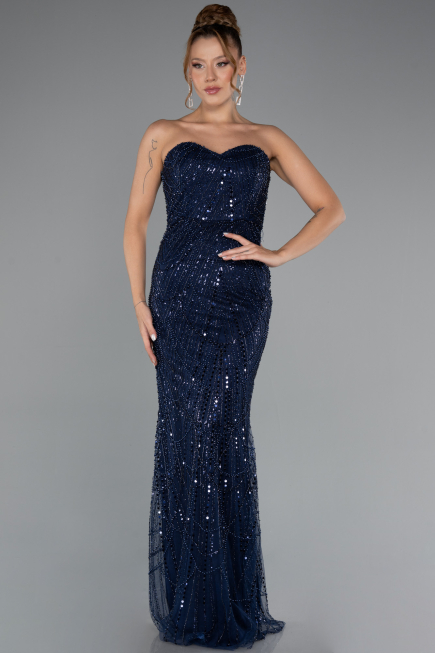 Navy Blue Strapless Shawl Stoned Long Evening Gown ABU4517