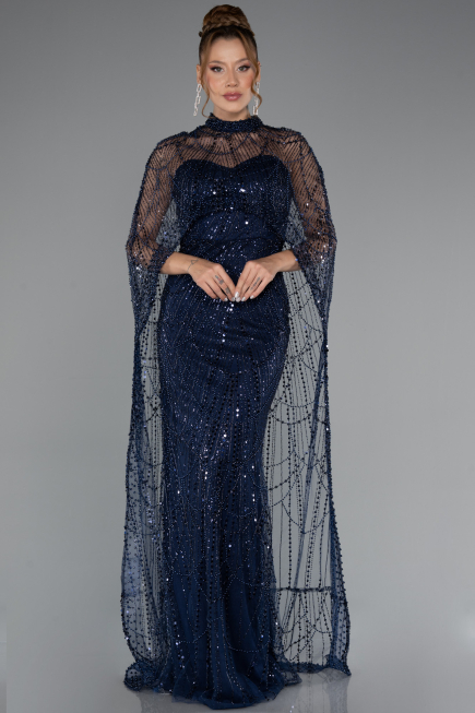 Navy Blue Strapless Shawl Stoned Long Evening Gown ABU4517