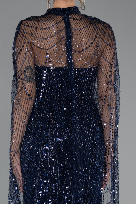Navy Blue Strapless Shawl Stoned Long Evening Gown ABU4517