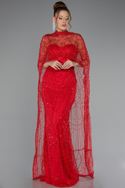 Red Strapless Shawl Stoned Long Evening Gown ABU4517