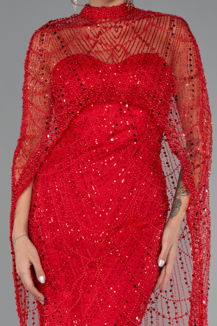 Red Strapless Shawl Stoned Long Evening Gown ABU4517