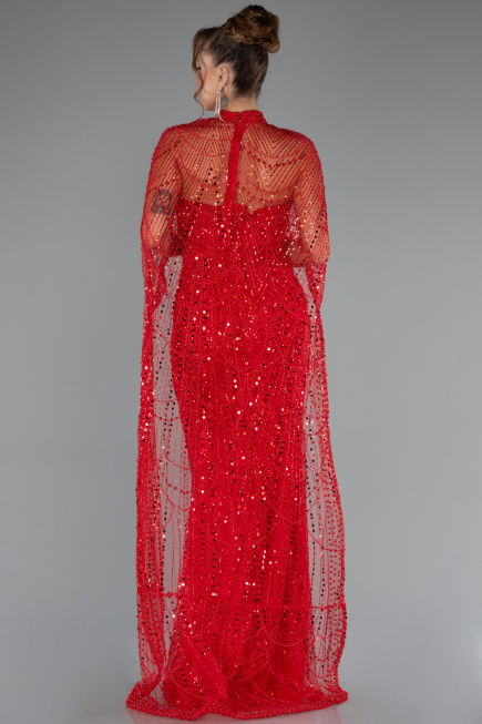 Red Strapless Shawl Stoned Long Evening Gown ABU4517