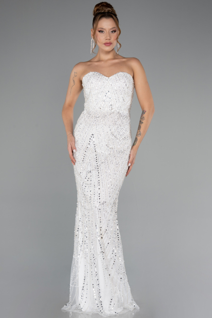 White Strapless Shawl Stoned Long Evening Gown ABU4517