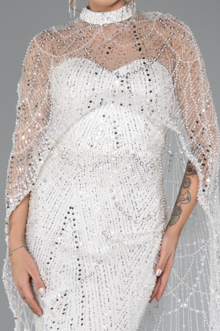 White Strapless Shawl Stoned Long Evening Gown ABU4517