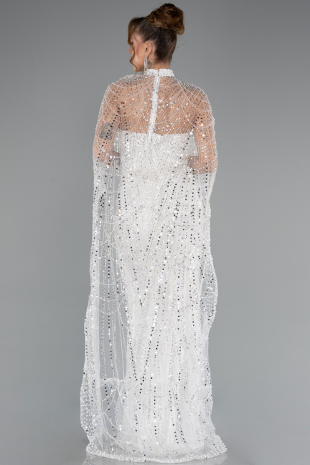 White Strapless Shawl Stoned Long Evening Gown ABU4517
