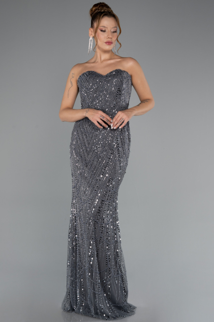 Anthracite Strapless Shawl Stoned Long Evening Gown ABU4517