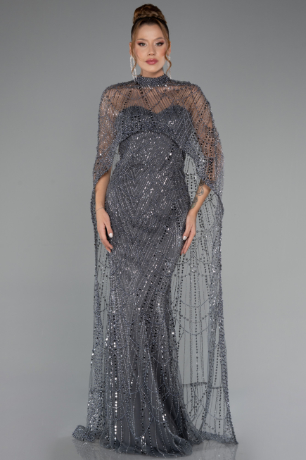 Anthracite Strapless Shawl Stoned Long Evening Gown ABU4517