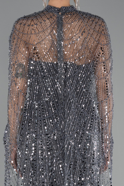Anthracite Strapless Shawl Stoned Long Evening Gown ABU4517