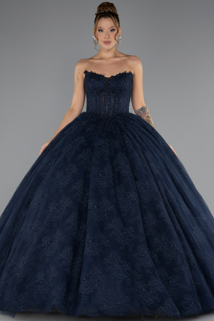 Long Navy Blue Dantelle Special Design Engagement Dress ABU5375