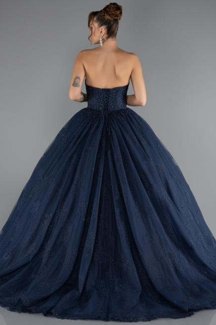 Long Navy Blue Dantelle Special Design Engagement Dress ABU5375