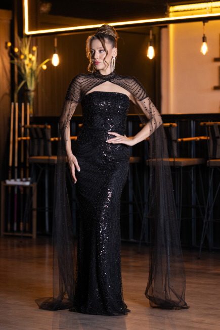 Long Black Beaded Evening Dress ABU5363