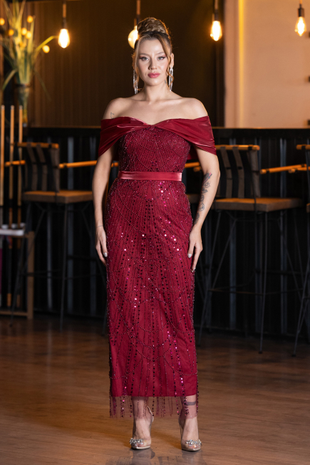 Midi Burgundy Beaded Party Dress ABK2453