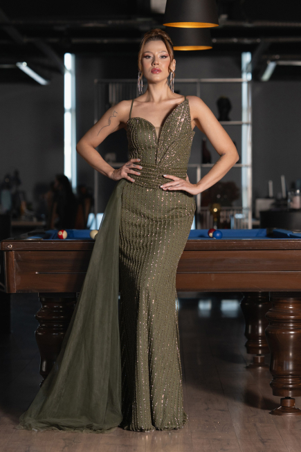 Long Olive Drab Beaded Evening Dress ABU5297