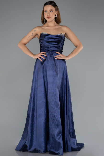 Navy Blue Stoned Strapless Long Taffeta Evening Gown ABU4579