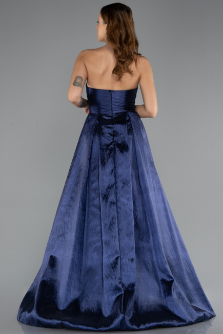 Navy Blue Stoned Strapless Long Taffeta Evening Gown ABU4579