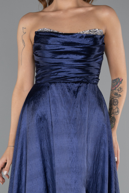 Navy Blue Stoned Strapless Long Taffeta Evening Gown ABU4579