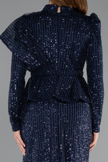 Navy Blue Long Sleeve Stand Collar Midi Beaded Evening Gown ABK2346