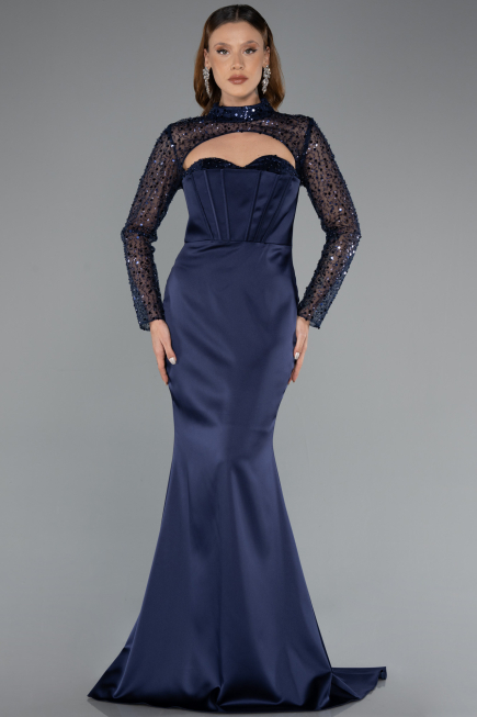 Navy Blue Long Sleeve Bustier Detailed Sequin Train Satin Evening Gown ABU4765