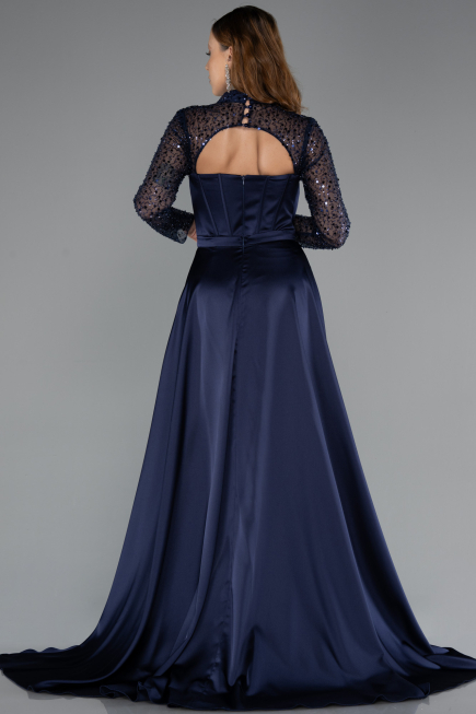 Navy Blue Long Sleeve Bustier Detailed Sequin Train Satin Evening Gown ABU4765