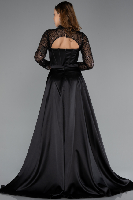 Black Long Sleeve Bustier Detailed Sequin Train Satin Evening Gown ABU4765