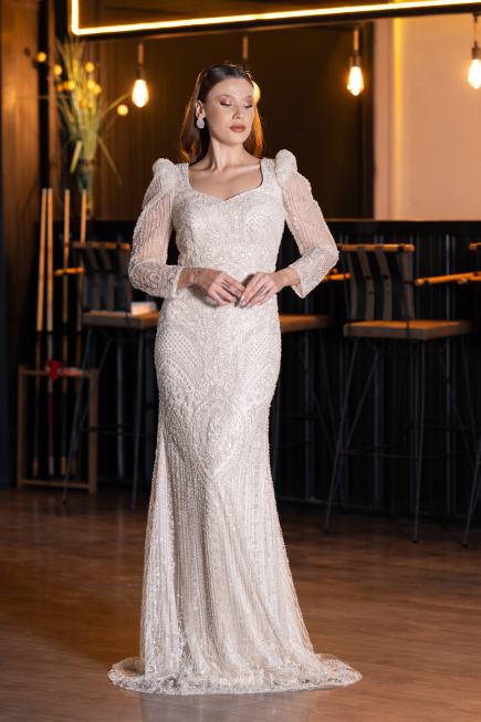 Long Beige Beaded Evening Dress ABU5387