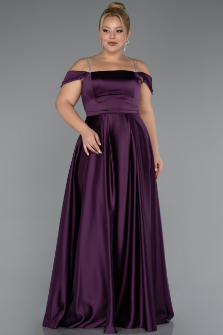Long Dark Purple Satin Formal Plus Size Dress ABU5346