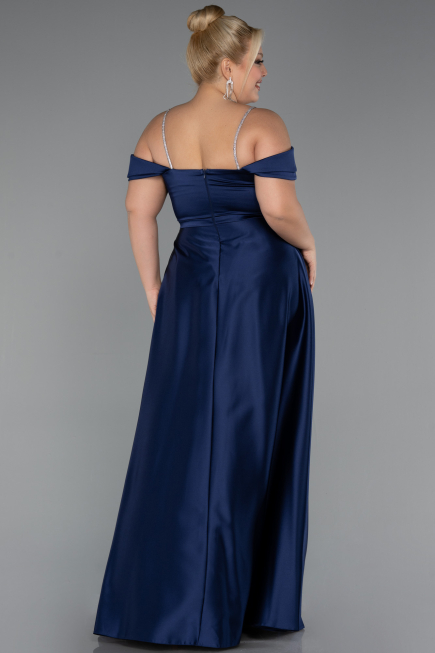 Long Navy Blue Satin Formal Plus Size Dress ABU5346