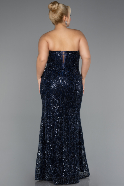 Long Navy Blue Beaded Plus Size Engagement Dress ABU5347