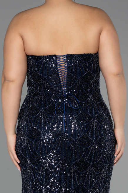 Long Navy Blue Beaded Plus Size Engagement Dress ABU5347