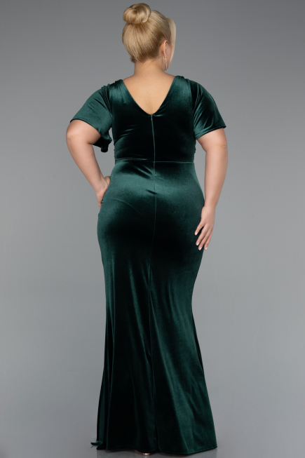 Emerald Green Short Sleeve Slit Long Velvet Plus Size Evening Dress ABU4317