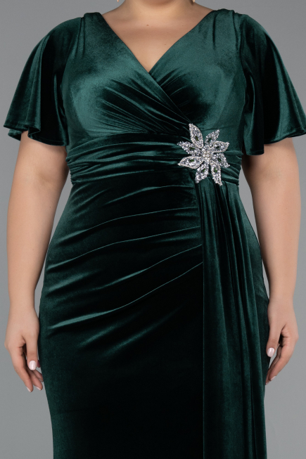 Emerald Green Short Sleeve Slit Long Velvet Plus Size Evening Dress ABU4317